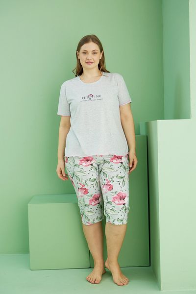 Siyah İnci γκρι μελανζ μοτίβο Curve Plus Size Oversize Βαμβακερό Κάπρι Σετ 25112740