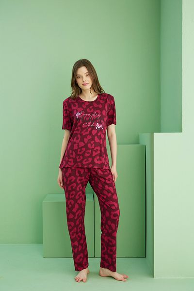 Siyah İnci Dark Burgundy Patterned Crew Neck Knitted Cotton Pajama Set 25113232