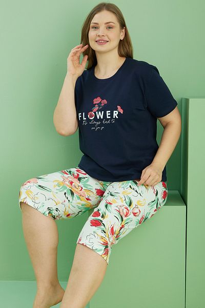 Siyah İnci Navy Blue Patterned Curve Plus Size Oversize Cotton Capri Suit 25112776