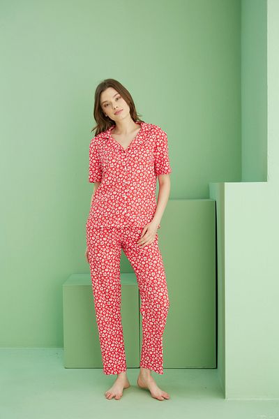 Siyah İnci Coral Color Patterned Pajama Set 25118560