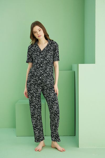 Siyah İnci Black Patterned Twist Pajama Set 25118559   Broken Fabric Knitted Buttoned