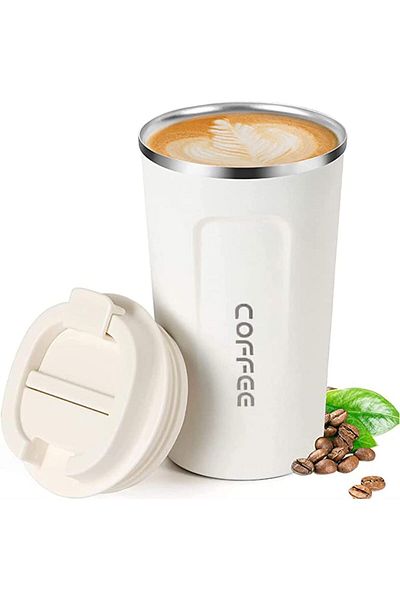 COOYA كوب قهوة للسفر، سعة 380 مل، معزول، مع غطاء، مقاوم للتسرب، مناسب للسفر والمكتب، أبيض