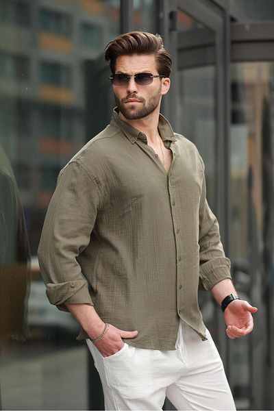 Madmext Ανδρικό πουκάμισο Khaki Basic 100% βαμβακερό μακρυμάνικο E6761
