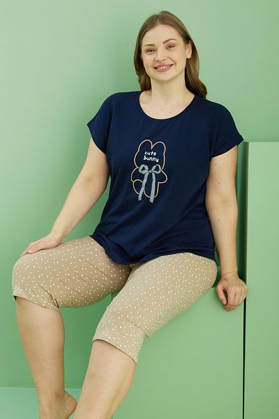 Siyah İnci Navy Blue Patterned Curve Plus Size Oversize Cotton Capri Suit 25112782