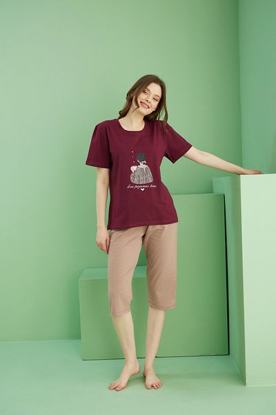 Siyah İnci Costum Capri din bumbac tricotat cu decolteu roșu cu imprimeu burgundy 25112198