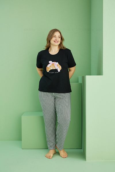 Siyah İnci Black Patterned Curve Plus Size Oversize Cotton Pajama Set 25113789