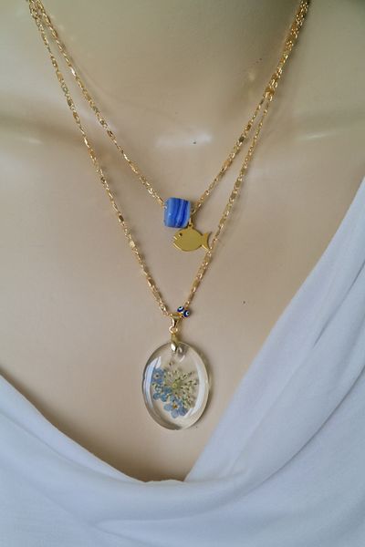 maycollection Real Blue Forget Me Not Flower Marbled Blue Glass Bead Gold Fish Design Double Necklace