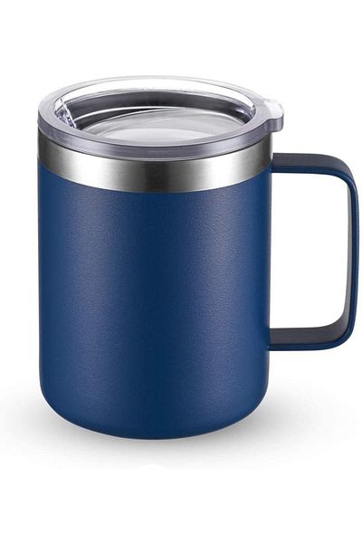 COOYA 12 oz Coffee Mug, Vacuum Sliding Lid, Double Wall Stainless Steel Handle(Blue)