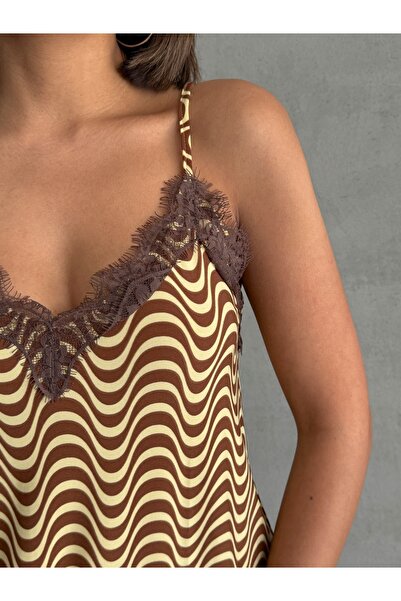 Look Forward Women's Patterned Yellow Brown Lace Tank Top Wide Leg Elastic Waist Pantalon Set