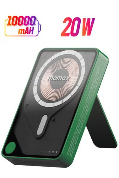 Momax 1- باور إكس برو+ بنك طاقة لاسلكي مغناطيسي بسعة 10000 مللي أمبير/ساعة مع حامل وكابل USB-C مدمج باللون الأخضر