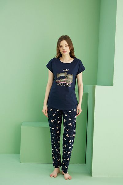 Siyah İnci Navy Blue Patterned Cotton Crew Neck Knitted Pajama Set 25117072
