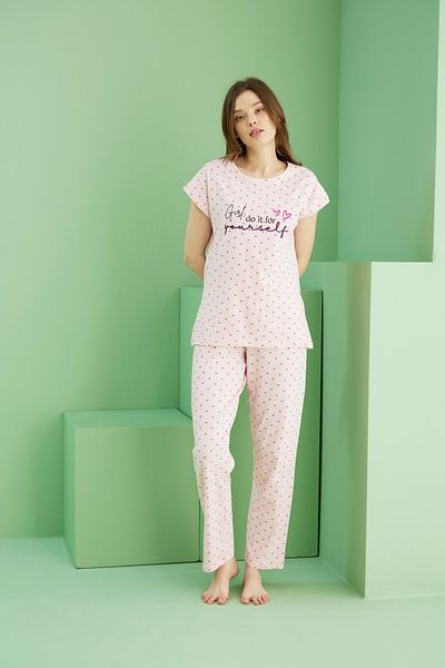 Siyah İnci Pink Patterned Cotton Crew Neck Knitted Pajama Set 25117081