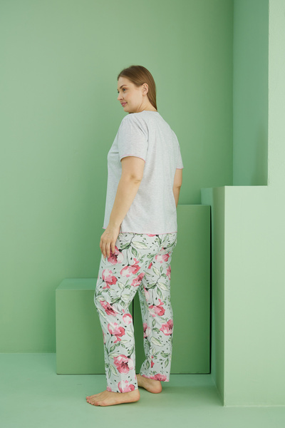 Siyah İnci Gray Melange Patterned Curve Large Size Oversize Cotton Pajama Set 25113807