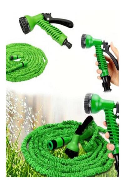 YDGR 15 Metre Yeşil Uzayan Bahçe Sulama Araç Yıkama Hortumu 7 Kademeli Başlık