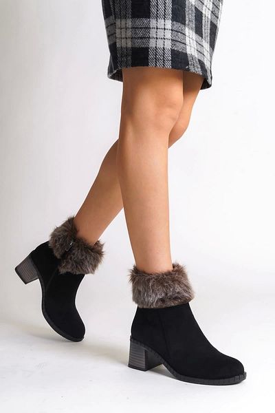 POLEXP Julia Zippered Orthopedic Sole Feather Heeled Suede Women's Boots St - Black