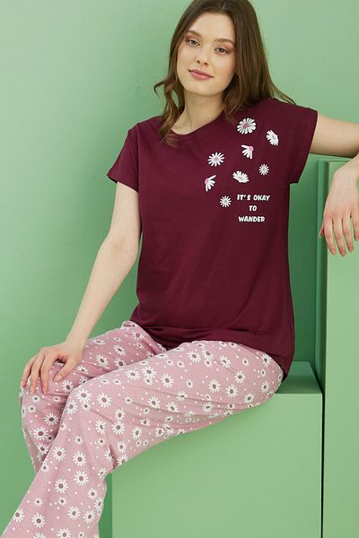 Siyah İnci Dark Burgundy Patterned Crew Neck Knitted Cotton Pajama Set 25113210