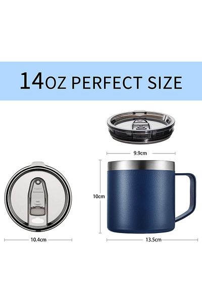COOYA 14 oz Coffee Mug, Vacuum Sliding Lid, Double Wall Stainless Steel Handle(Blue)