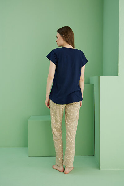 Siyah İnci lacivert desenli Bisiklet Yaka Örme Pamuklu Pijama Takım25113213