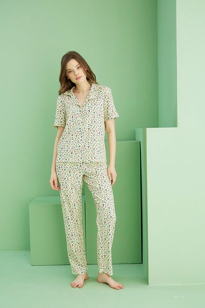 Siyah İnci Yellow Patterned Bürümcük Krınkıl Fabric Knitted Buttoned Pajama Set 25118565