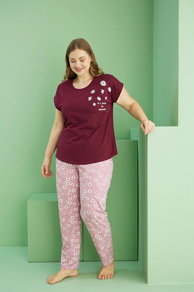 Siyah İnci Dark Burgundy Patterned Curve Plus Size Oversize Cotton Pajama Suit 25113794