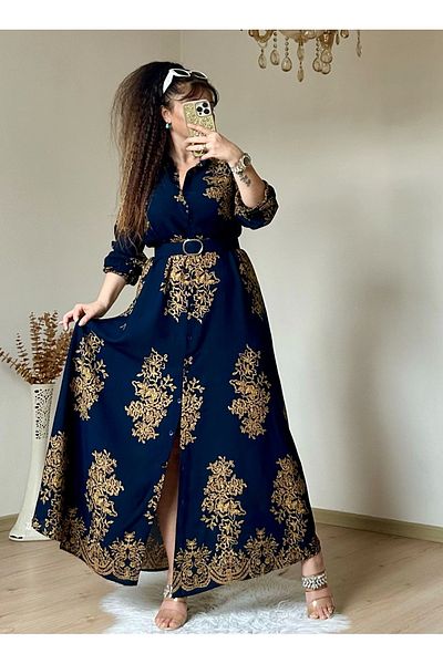 AZRA BUTİK Rochie cămașă cu model autentic bleumarin