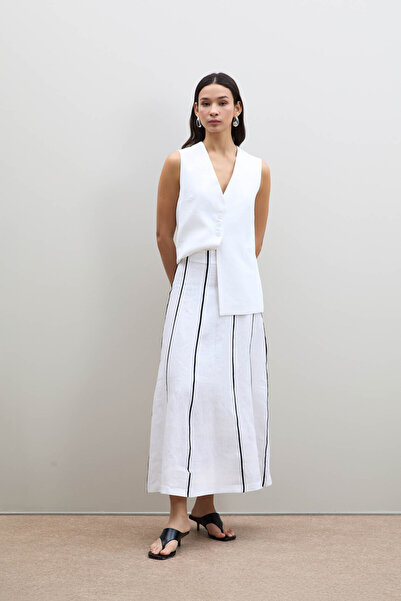 Serianno %100 Keten Çizgili Midi Etek