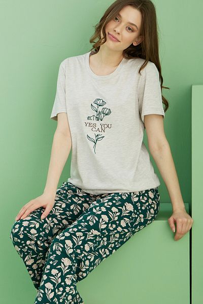 Siyah İnci Beige Patterned Crew Neck Knitted Cotton Pajama Set 25113227