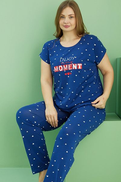 Siyah İnci Navy Blue Patterned Curve Plus Size Oversize Cotton Pajama Set 25113749