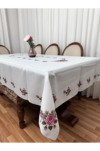 Madame Clean Home Τραπεζομάντιλο πολυτελείας χωρίς προβλήματα, ανθεκτικό στους λεκέδες, εμπριμέ λινό 160x220 Claret Red Flower