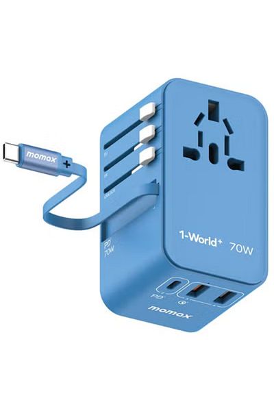 Momax UA18 1-World 70W GaN 3 Ports + Multi Plug Adapter Multi Volt USB-C USB-A - Blue
