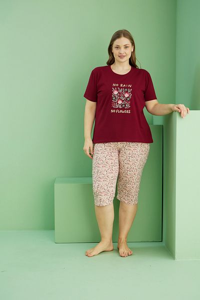 Siyah İnci Costum Capri oversize din bumbac cu imprimeu visiniu închis Curve Plus Size 25112783