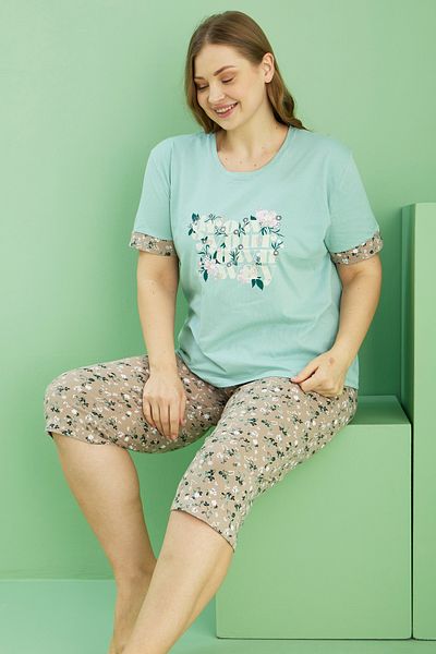 Siyah İnci Green Patterned Curve Plus Size Oversize Cotton Capri Suit 25112733