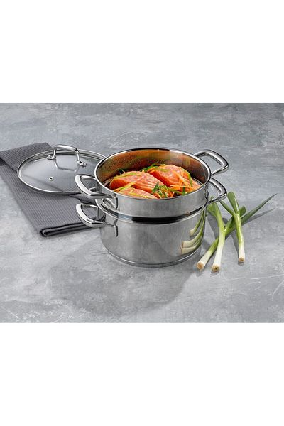 KELA Keck Lang Oala pentru abur cu capac inox 18/10 FLAVORIA 20 cm set 3 buc