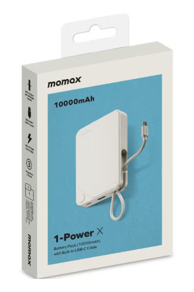 Momax 1-Power X Battery Pack 10000 mAh Power Bank with Built-in USB-C PD Cable - White