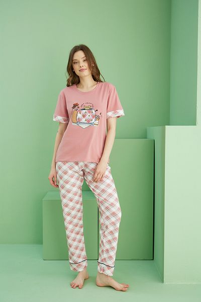 Siyah İnci Salmon Pattern Crew Neck Knitted Cotton Pajama Set 25113216