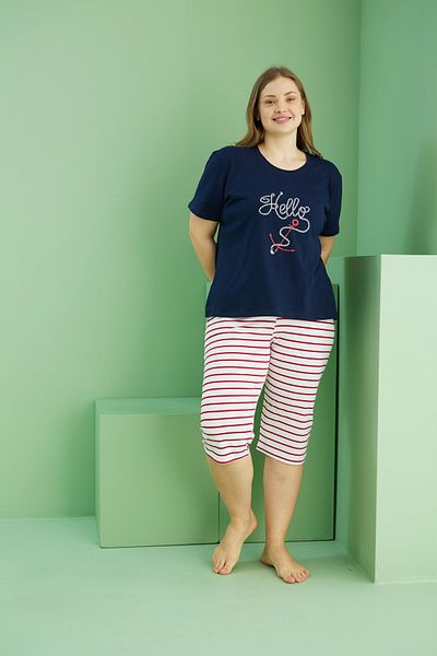 Siyah İnci Navy Blue Patterned Curve Plus Size Oversize Cotton Capri Suit 25112789