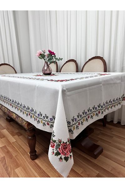Madame Clean Home Luxury Carefree Stain Resistant Linen Printed Table Cloth 160X220 Red Flower