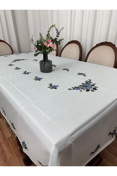 Madame Clean Home Față de masă de lux cu imprimeu din in, rezistentă la pete, 160x220, floare albastră