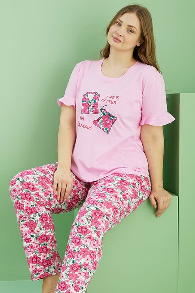 Siyah İnci Pink Patterned Curve Plus Size Oversize Cotton Pajama Set 25113746