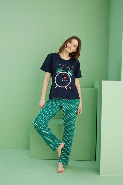 Siyah İnci Navy Blue Patterned Crew Neck Knitted Cotton Pajama Set 25113215