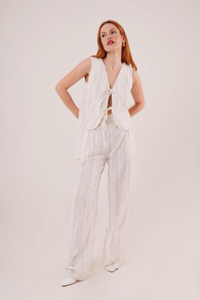 Queene Dreams Vest and Trousers with Front Tie Detail Ecru Striped Double Set