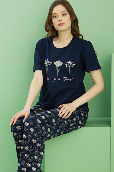 Siyah İnci Navy Blue Patterned Crew Neck Knitted Cotton Pajama Set 25113245