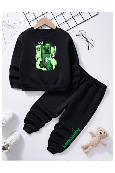 Massgai Unısex Çocuk Mınecraft Yeşil Karakter Baskılı Pamuklu Bisiklet Yaka A...