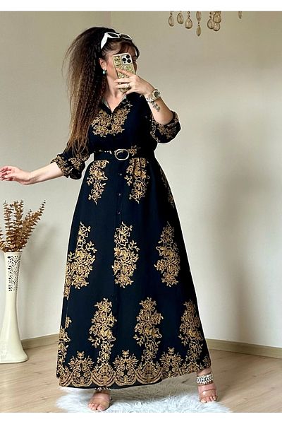 AZRA BUTİK Αυθεντικό Μοτίβο Πουκάμισο Φόρεμα Μαύρο