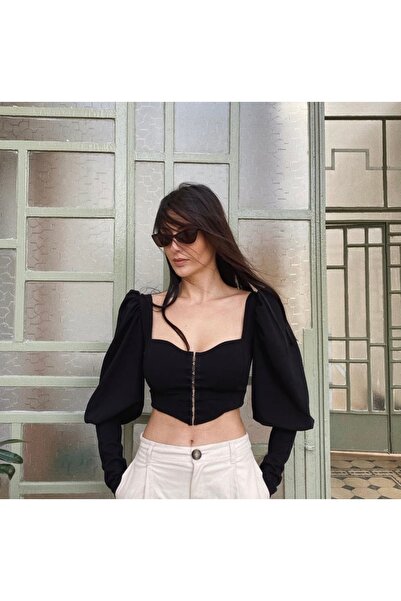 Siyah renk balon kol crop top