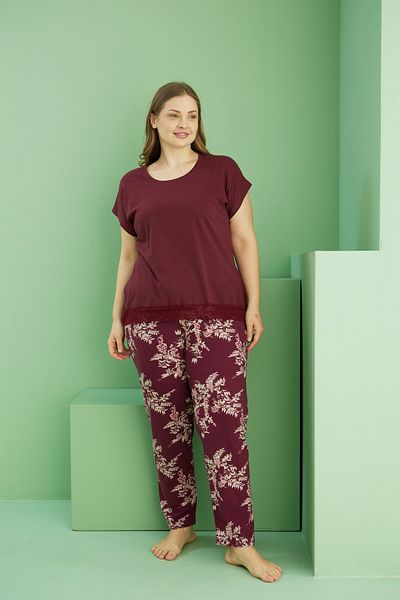 Siyah İnci Set de pijamale supradimensionate din bumbac cu imprimeu burgundă închis Curve Plus Size 25113776