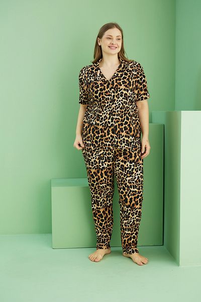 Siyah İnci Leopard Print Bürümcük Krınkıl Fabric Curve Large Size Oversize Buttoned Pajama Set 25118712