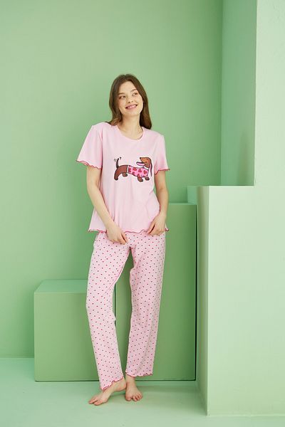 Siyah İnci Pink Patterned Cotton Crew Neck Knitted Pajama Set 25117064