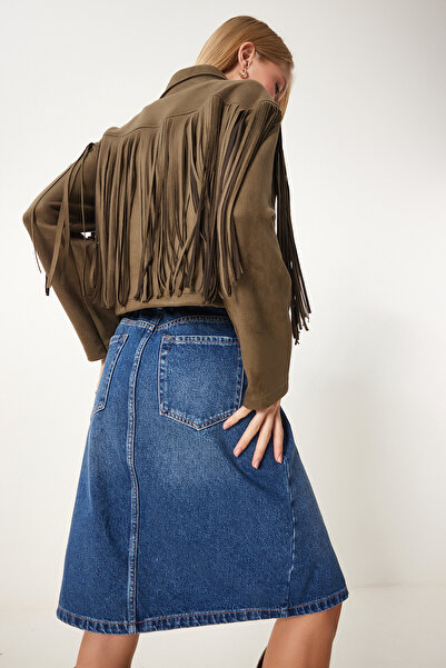 Lovelyİstanbul سترة من جلد الغزال بياقة قميص وشرابة كاكي LDP0023