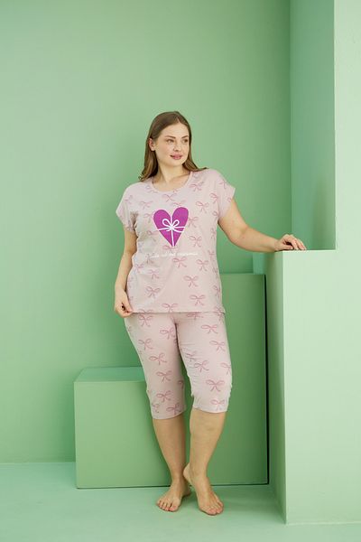 Siyah İnci Powder Patterned Curve Plus Size Oversize Cotton Capri Suit 25112741